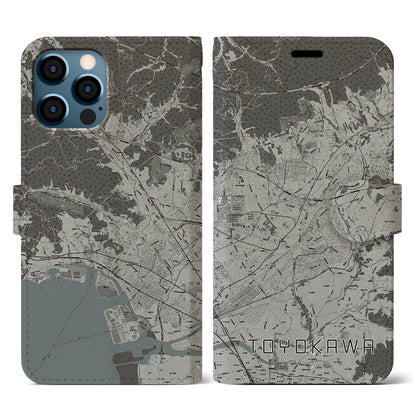 【豊川（愛知県）】地図柄iPhoneケース（手帳タイプ）モノトーン・iPhone 12 / 12 Pro 用