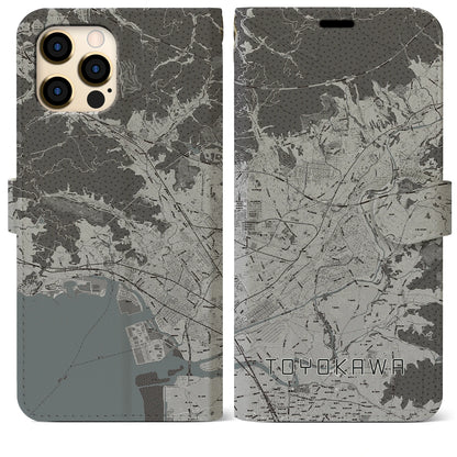 【豊川（愛知県）】地図柄iPhoneケース（手帳タイプ）モノトーン・iPhone 12 Pro Max 用