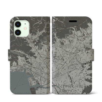 【豊川（愛知県）】地図柄iPhoneケース（手帳タイプ）モノトーン・iPhone 12 mini 用