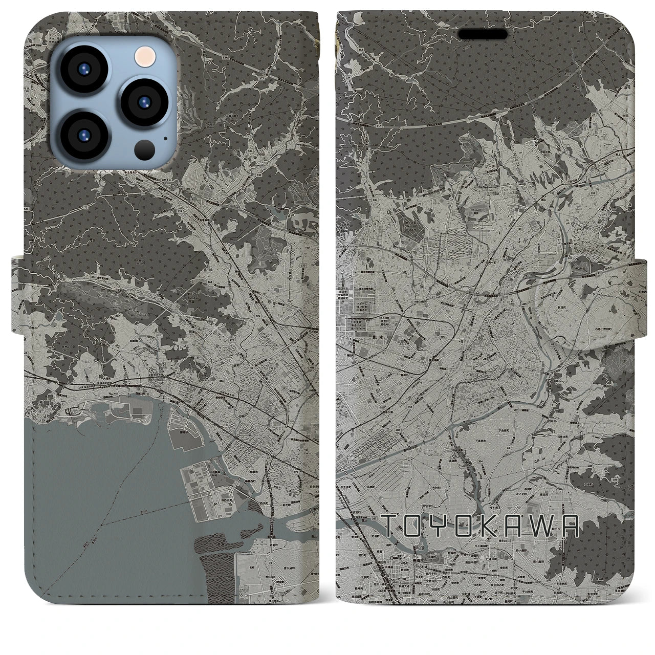 【豊川】地図柄iPhoneケース（手帳両面タイプ・モノトーン）iPhone 13 Pro Max 用