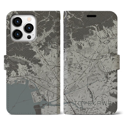 【豊川（愛知県）】地図柄iPhoneケース（手帳タイプ）モノトーン・iPhone 13 Pro 用