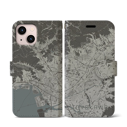 【豊川（愛知県）】地図柄iPhoneケース（手帳タイプ）モノトーン・iPhone 13 mini 用