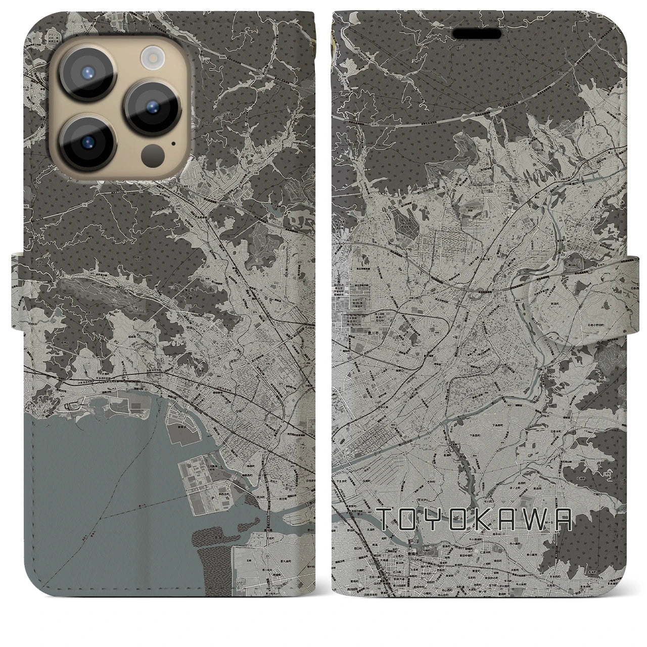 【豊川】地図柄iPhoneケース（手帳両面タイプ・モノトーン）iPhone 14 Pro Max 用