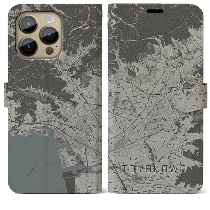 【豊川（愛知県）】地図柄iPhoneケース（手帳タイプ）モノトーン・iPhone 14 Pro Max 用