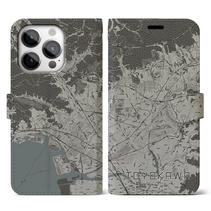 【豊川（愛知県）】地図柄iPhoneケース（手帳タイプ）モノトーン・iPhone 14 Pro 用