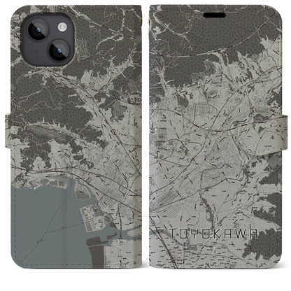 【豊川（愛知県）】地図柄iPhoneケース（手帳タイプ）モノトーン・iPhone 14 Plus 用