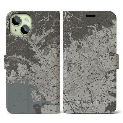 【豊川（愛知県）】地図柄iPhoneケース（手帳タイプ）モノトーン・iPhone 15 用