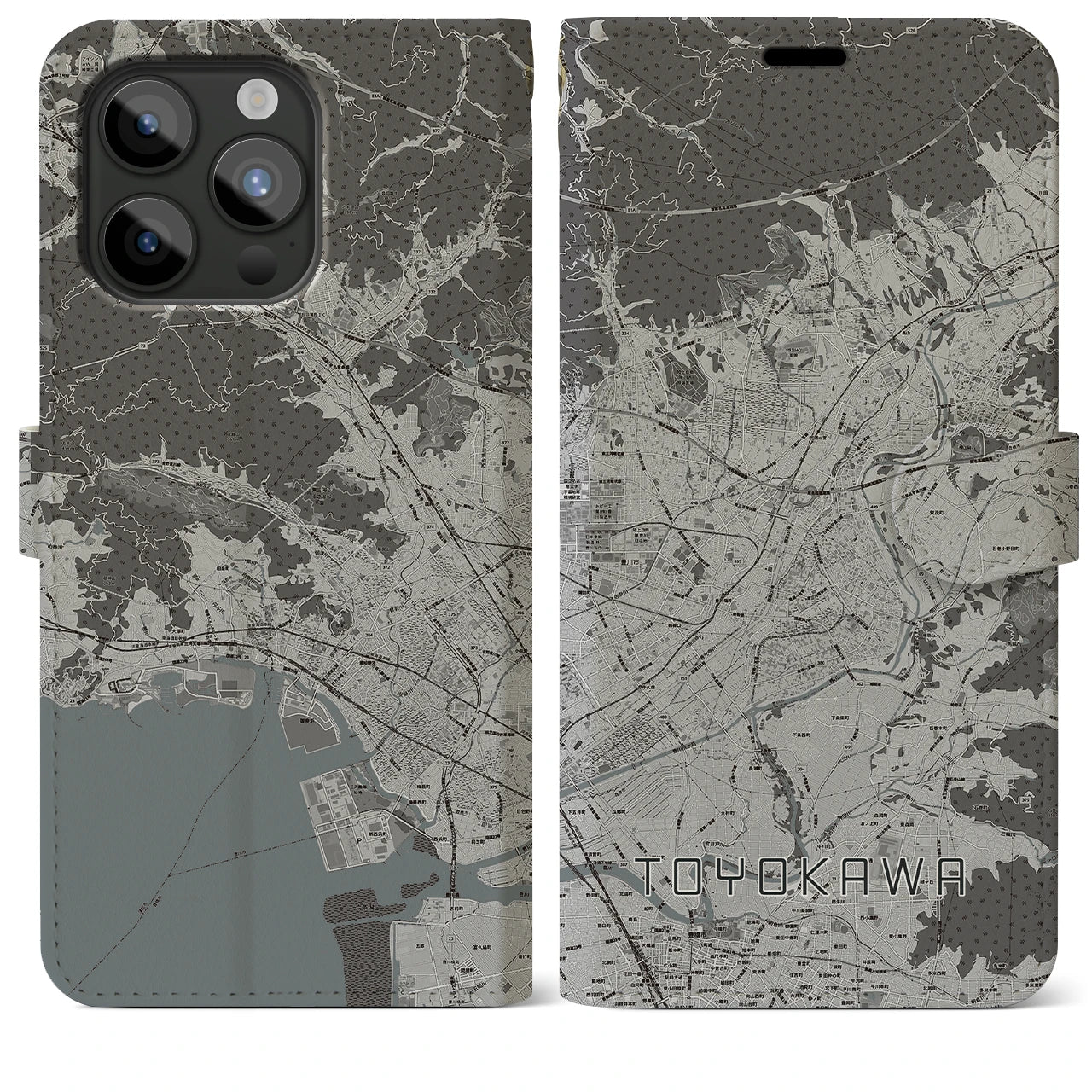 【豊川】地図柄iPhoneケース（手帳両面タイプ・モノトーン）iPhone 15 Pro Max 用