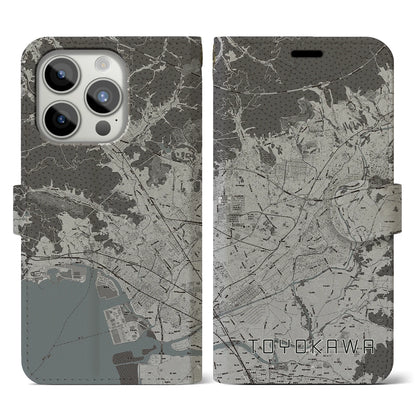 【豊川（愛知県）】地図柄iPhoneケース（手帳タイプ）モノトーン・iPhone 15 Pro 用