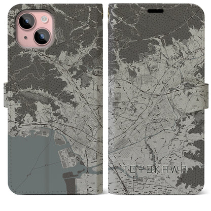 【豊川（愛知県）】地図柄iPhoneケース（手帳タイプ）モノトーン・iPhone 15 Plus 用