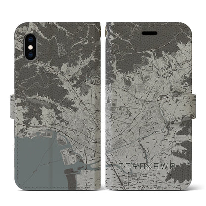 【豊川（愛知県）】地図柄iPhoneケース（手帳タイプ）モノトーン・iPhone XS / X 用