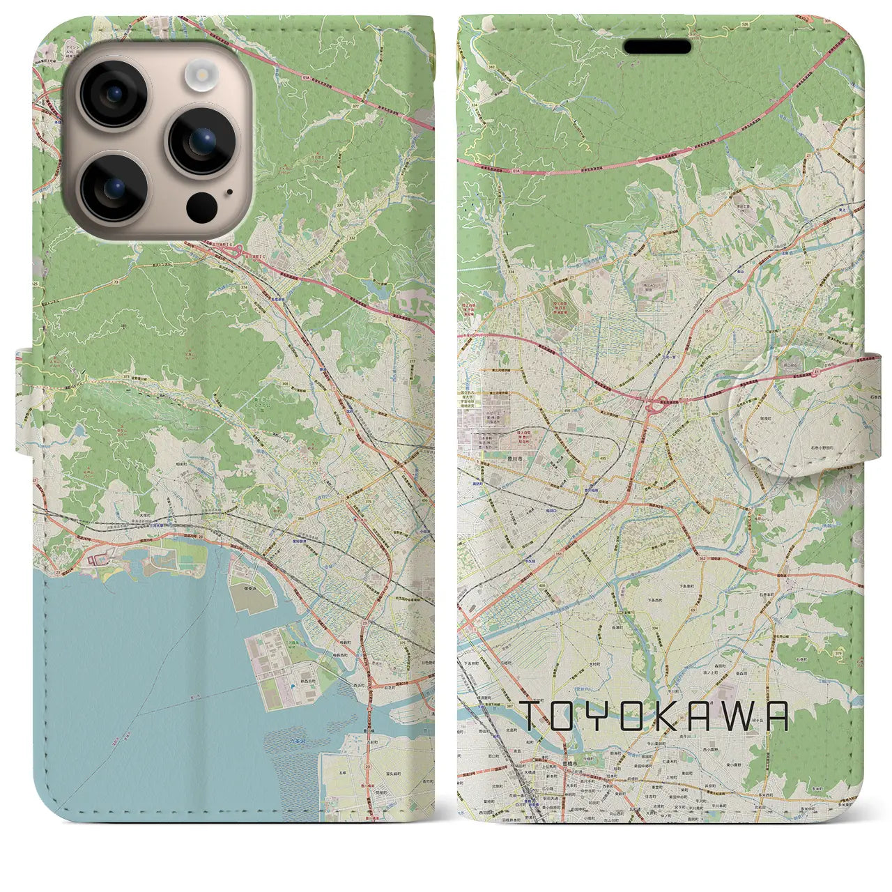 【豊川（愛知県）】地図柄iPhoneケース（手帳タイプ）ナチュラル・iPhone 16 Plus 用