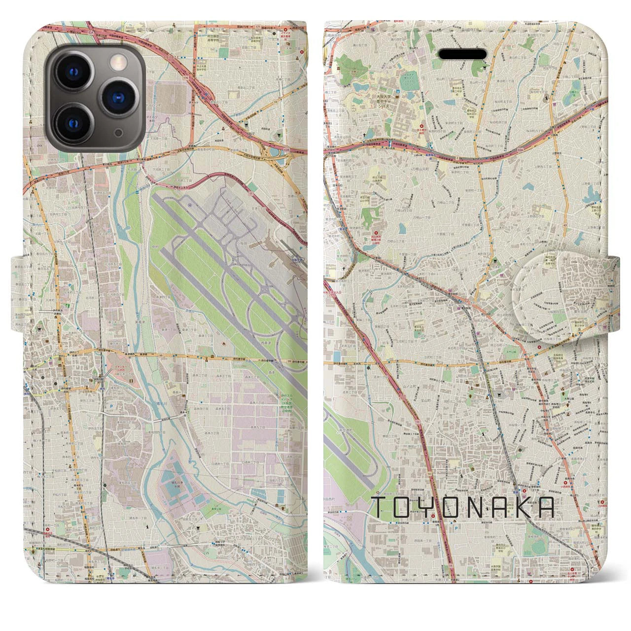 【豊中】地図柄iPhoneケース（手帳両面タイプ・ナチュラル）iPhone 11 Pro Max 用