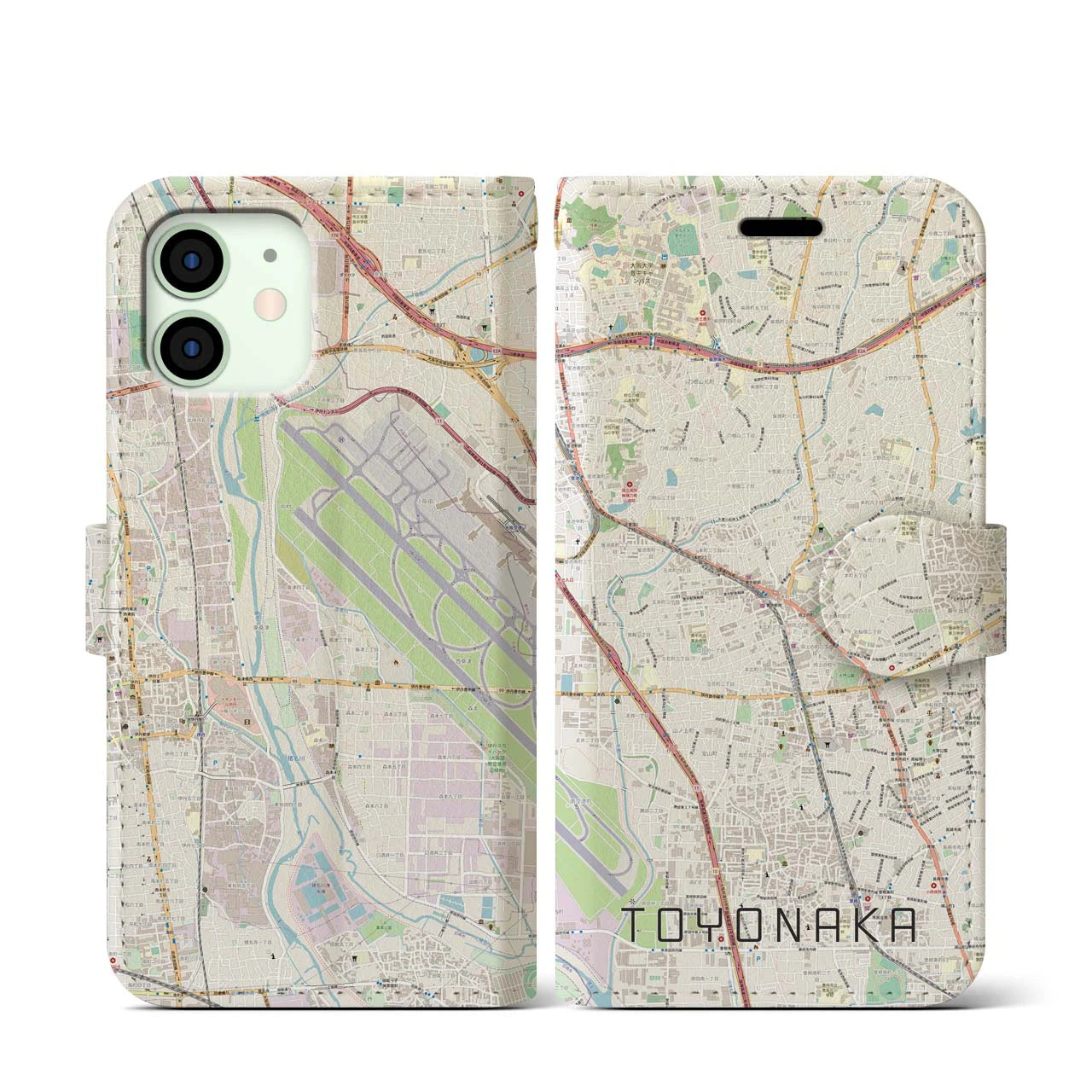 【豊中】地図柄iPhoneケース（手帳両面タイプ・ナチュラル）iPhone 12 mini 用