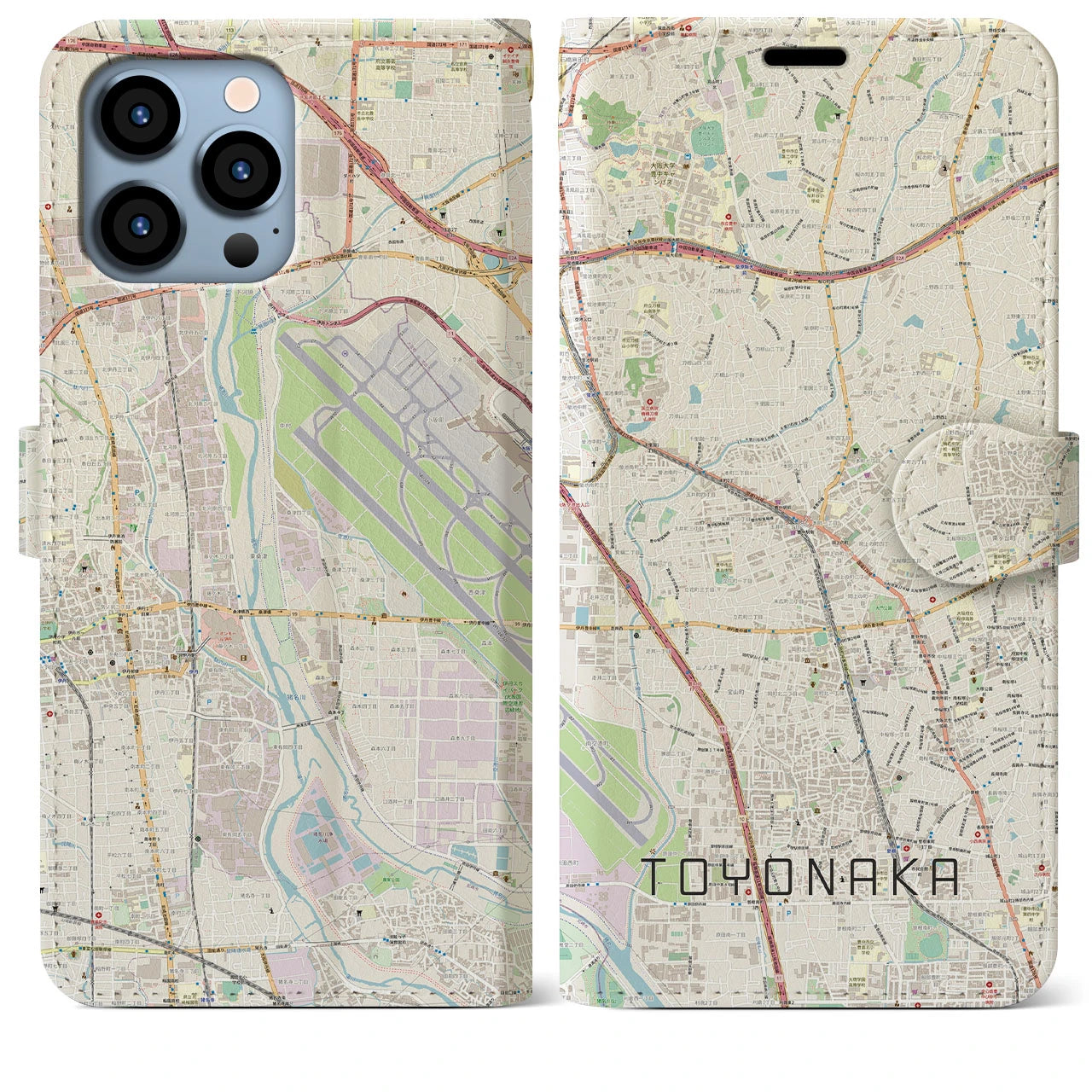 【豊中】地図柄iPhoneケース（手帳両面タイプ・ナチュラル）iPhone 13 Pro Max 用