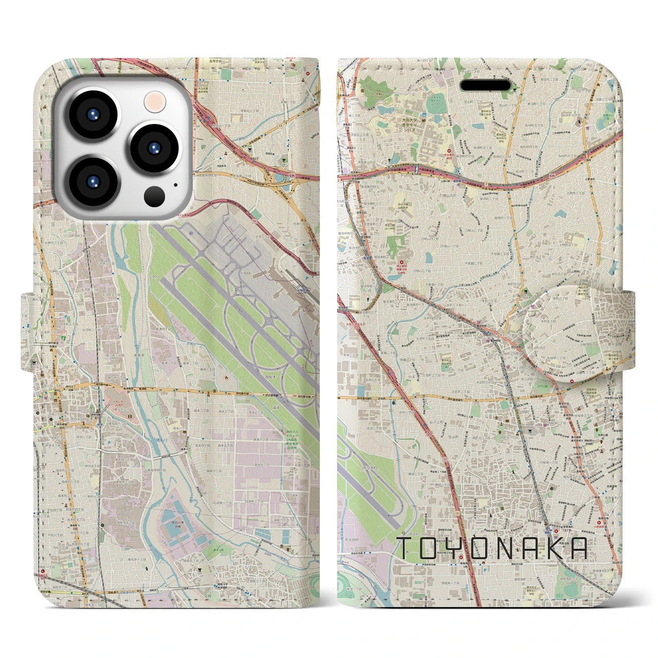 【豊中】地図柄iPhoneケース（手帳両面タイプ・ナチュラル）iPhone 13 Pro 用
