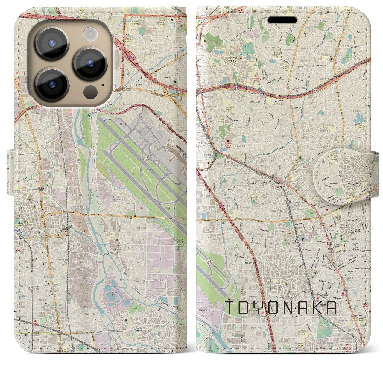 【豊中】地図柄iPhoneケース（手帳両面タイプ・ナチュラル）iPhone 14 Pro Max 用