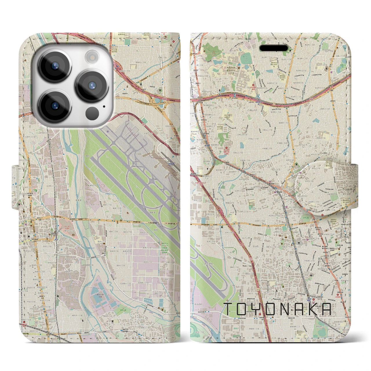 【豊中】地図柄iPhoneケース（手帳両面タイプ・ナチュラル）iPhone 14 Pro 用