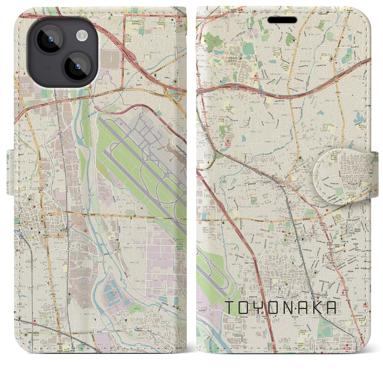 【豊中】地図柄iPhoneケース（手帳両面タイプ・ナチュラル）iPhone 14 Plus 用