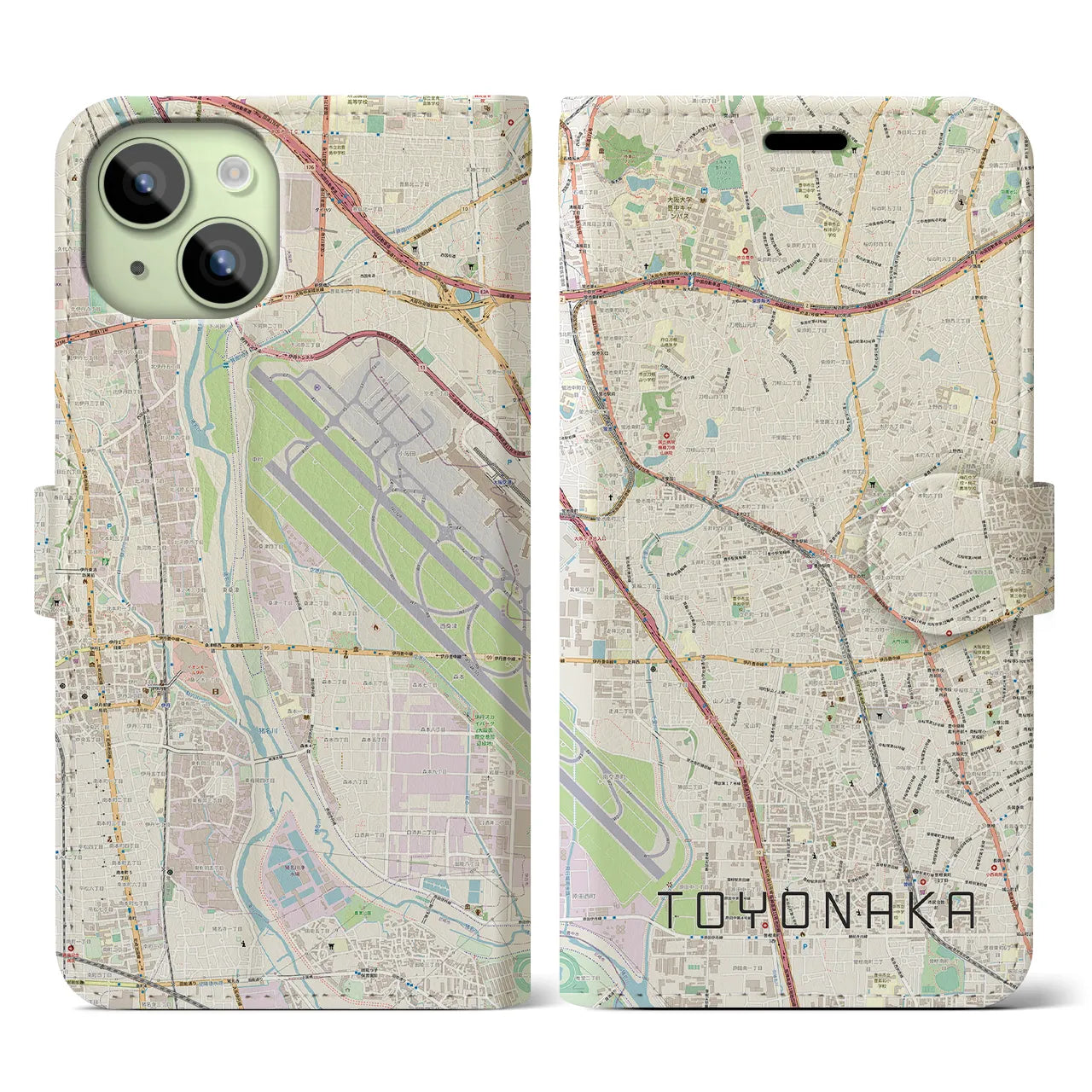 【豊中】地図柄iPhoneケース（手帳両面タイプ・ナチュラル）iPhone 15 用