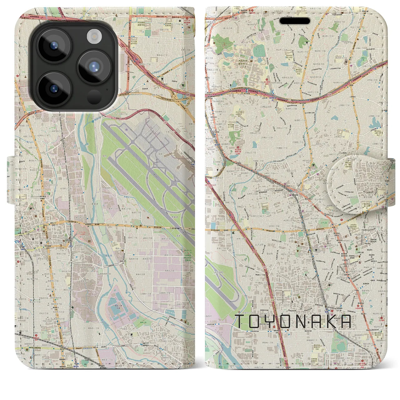 【豊中】地図柄iPhoneケース（手帳両面タイプ・ナチュラル）iPhone 15 Pro Max 用