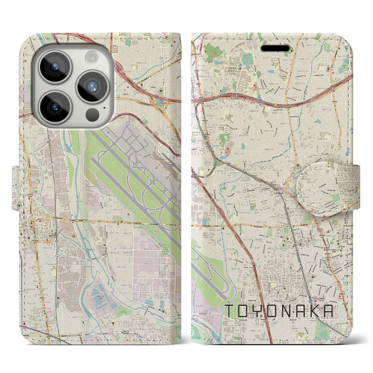 【豊中】地図柄iPhoneケース（手帳両面タイプ・ナチュラル）iPhone 15 Pro 用