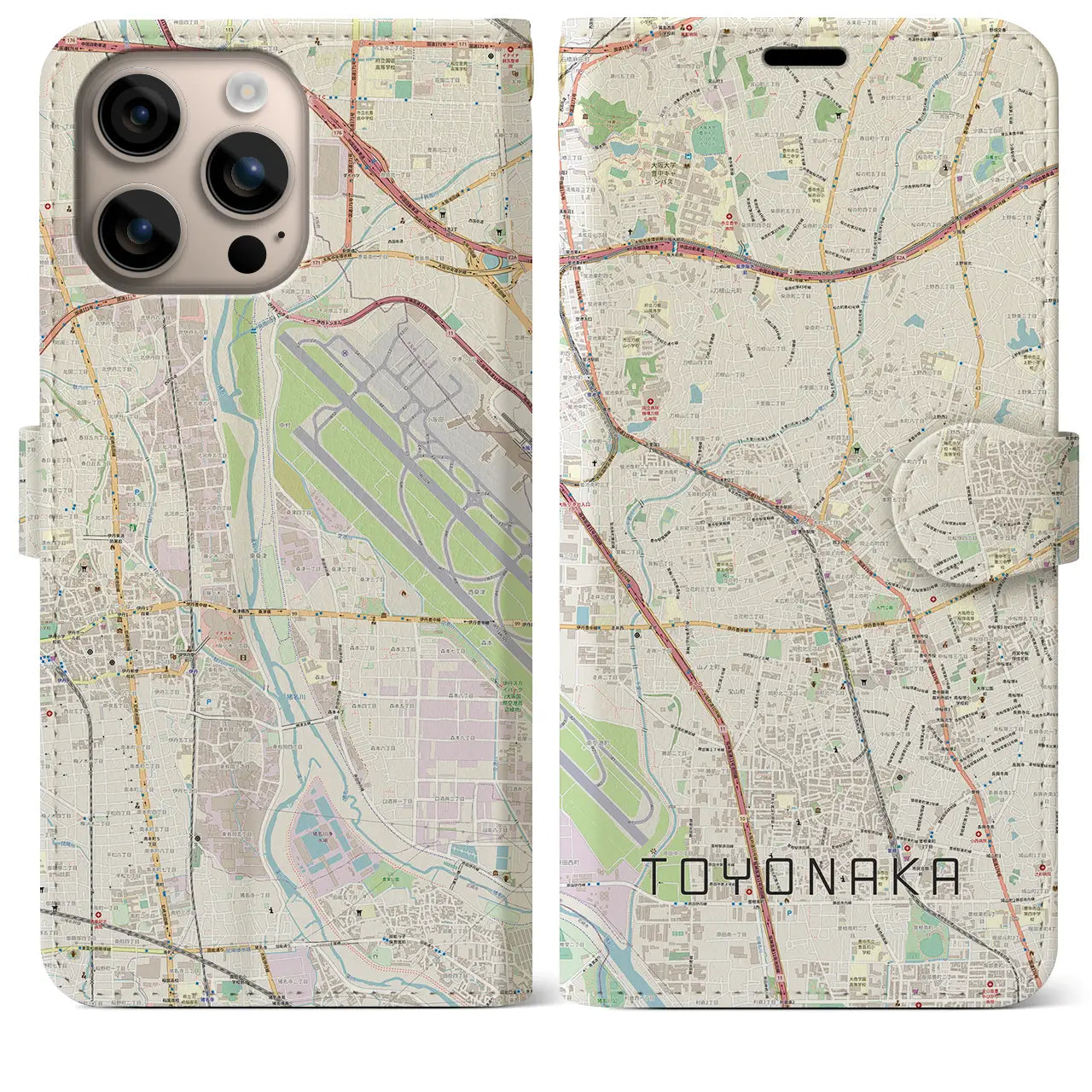 【豊中（大阪府）】地図柄iPhoneケース（手帳タイプ）ナチュラル・iPhone 16 Plus 用