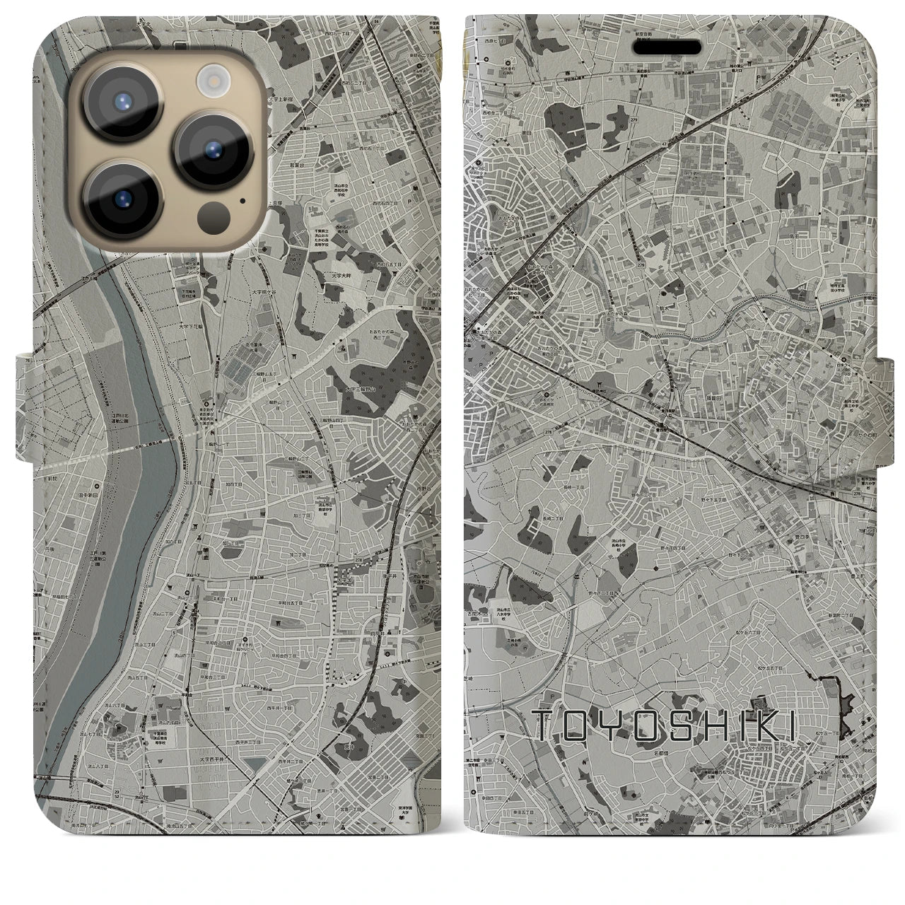 【豊四季】地図柄iPhoneケース（手帳両面タイプ・モノトーン）iPhone 14 Pro Max 用
