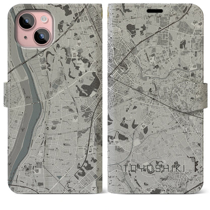 【豊四季（千葉県）】地図柄iPhoneケース（手帳タイプ）モノトーン・iPhone 15 Plus 用