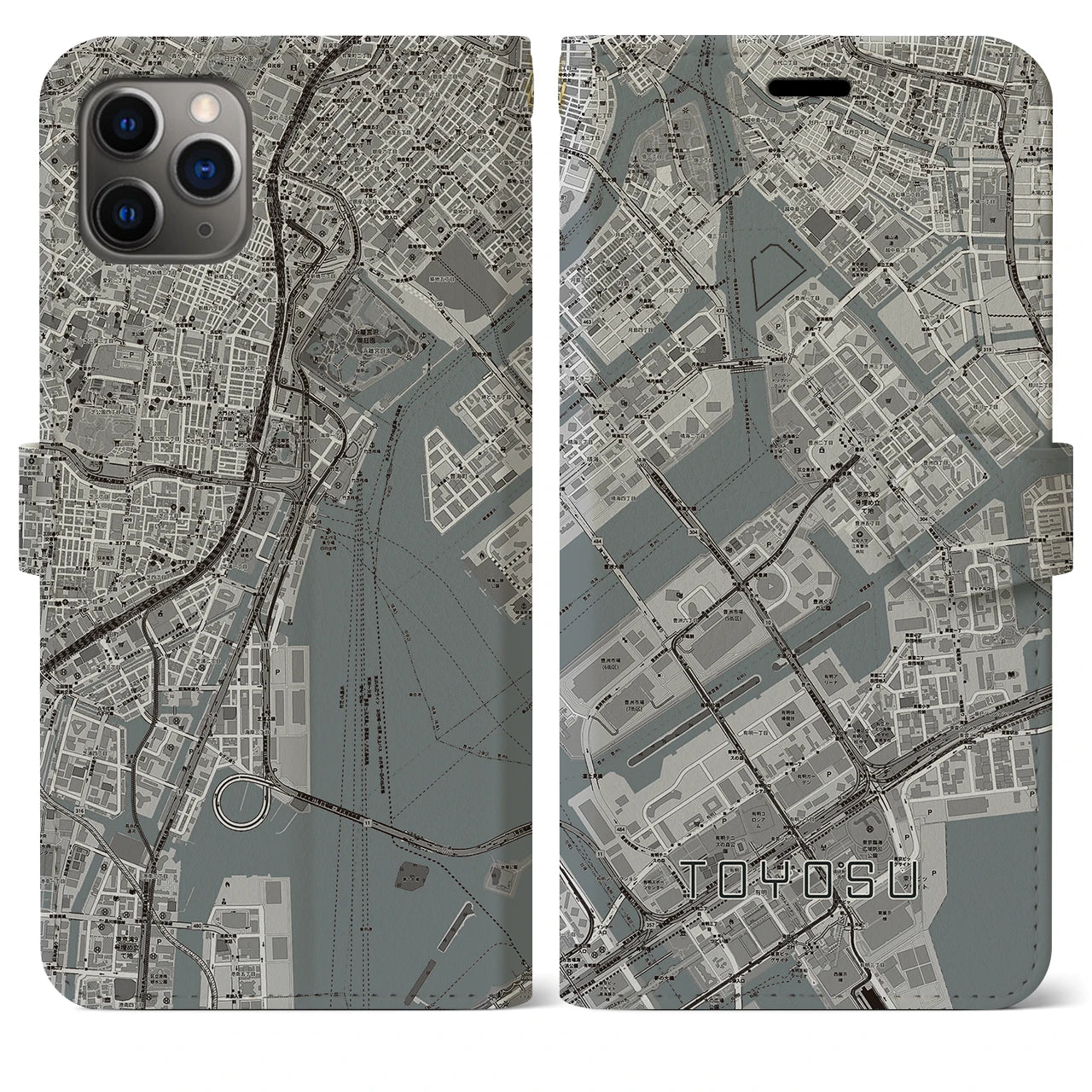 【豊洲】地図柄iPhoneケース（手帳両面タイプ・モノトーン）iPhone 11 Pro Max 用