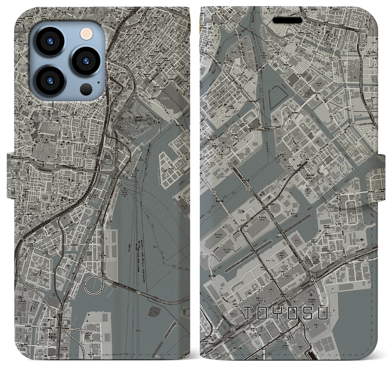 【豊洲】地図柄iPhoneケース（手帳両面タイプ・モノトーン）iPhone 13 Pro Max 用