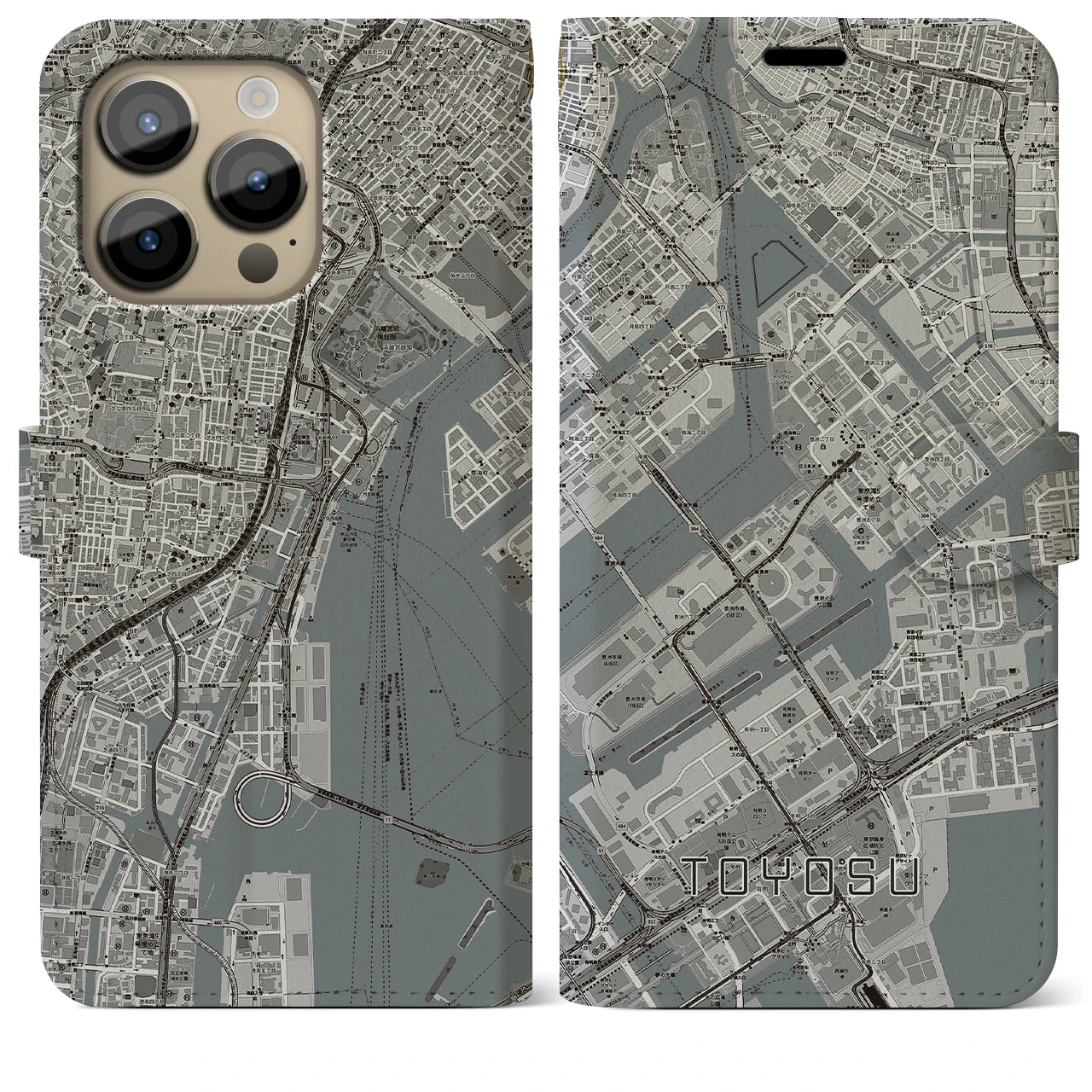 【豊洲】地図柄iPhoneケース（手帳両面タイプ・モノトーン）iPhone 14 Pro Max 用