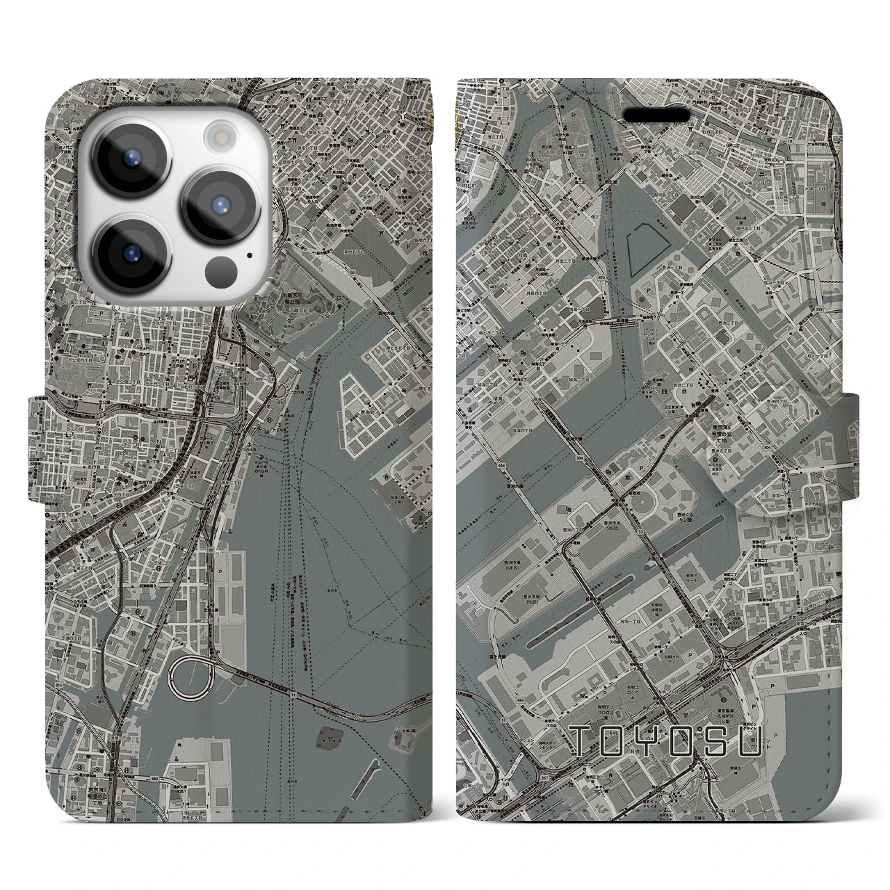 【豊洲】地図柄iPhoneケース（手帳両面タイプ・モノトーン）iPhone 14 Pro 用