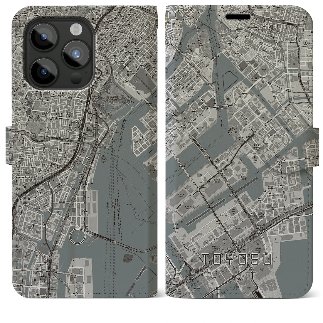 【豊洲】地図柄iPhoneケース（手帳両面タイプ・モノトーン）iPhone 15 Pro Max 用