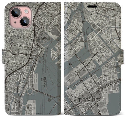 【豊洲（東京都）】地図柄iPhoneケース（手帳タイプ）モノトーン・iPhone 15 Plus 用