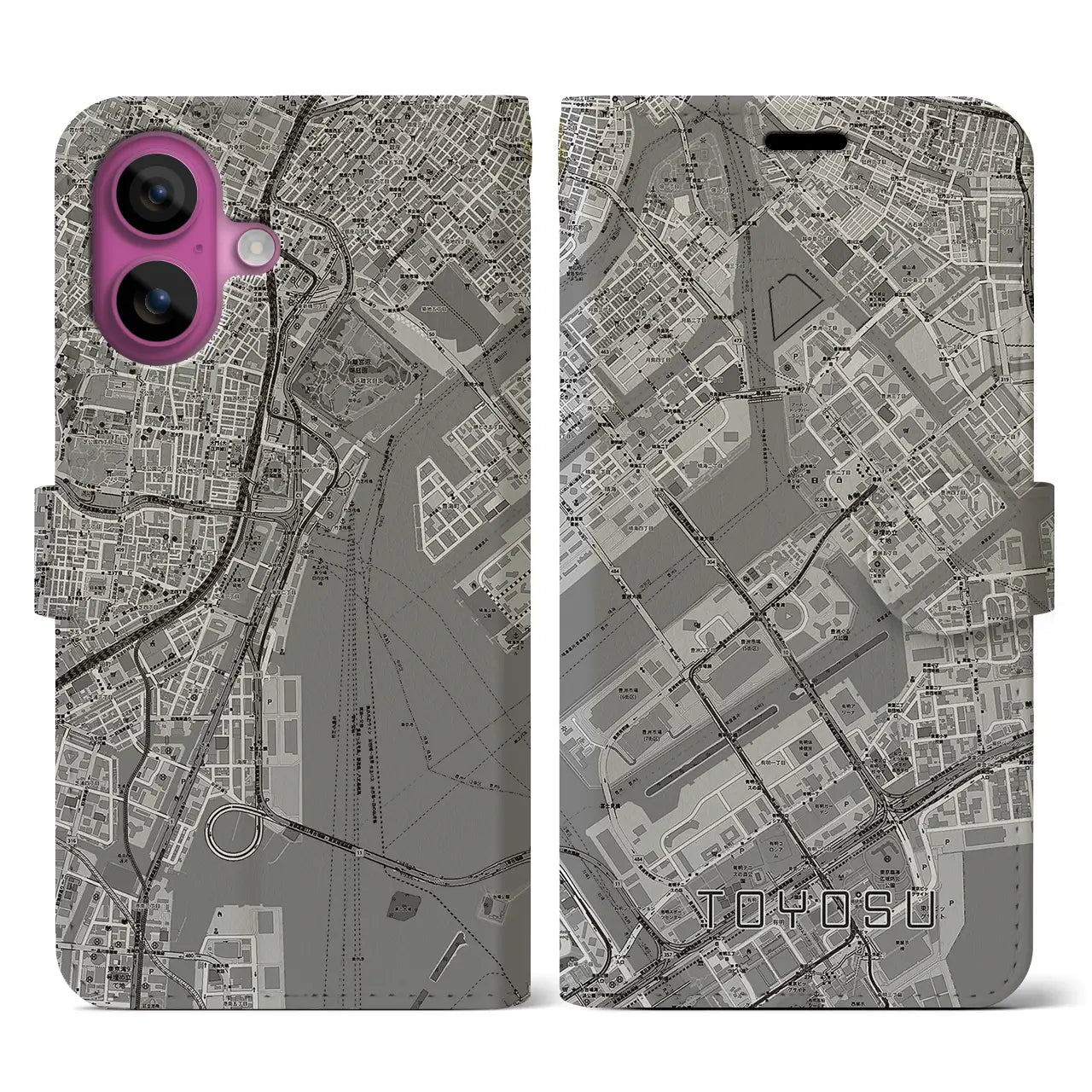 【豊洲（東京都）】地図柄iPhoneケース（手帳タイプ）モノトーン・iPhone 16 Pro 用