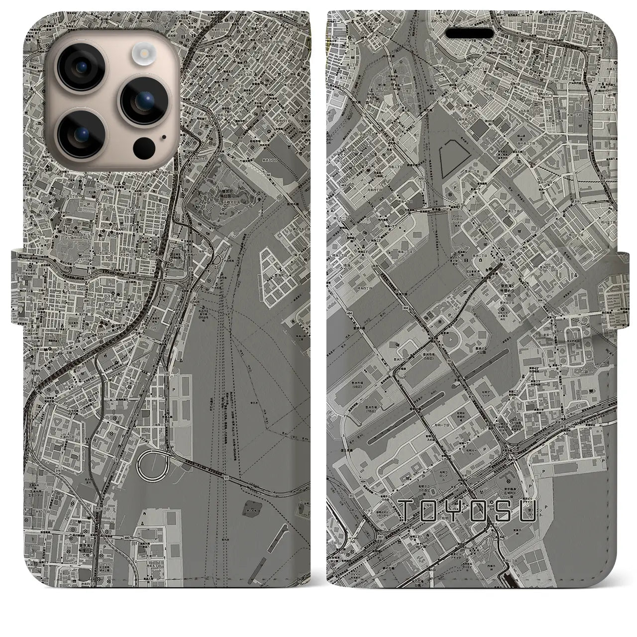 【豊洲（東京都）】地図柄iPhoneケース（手帳タイプ）モノトーン・iPhone 16 Plus 用