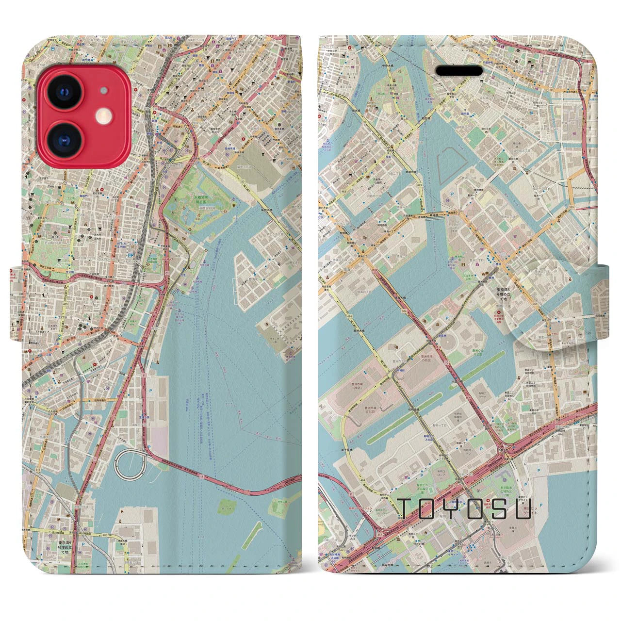 【豊洲】地図柄iPhoneケース（手帳両面タイプ・ナチュラル）iPhone 11 用