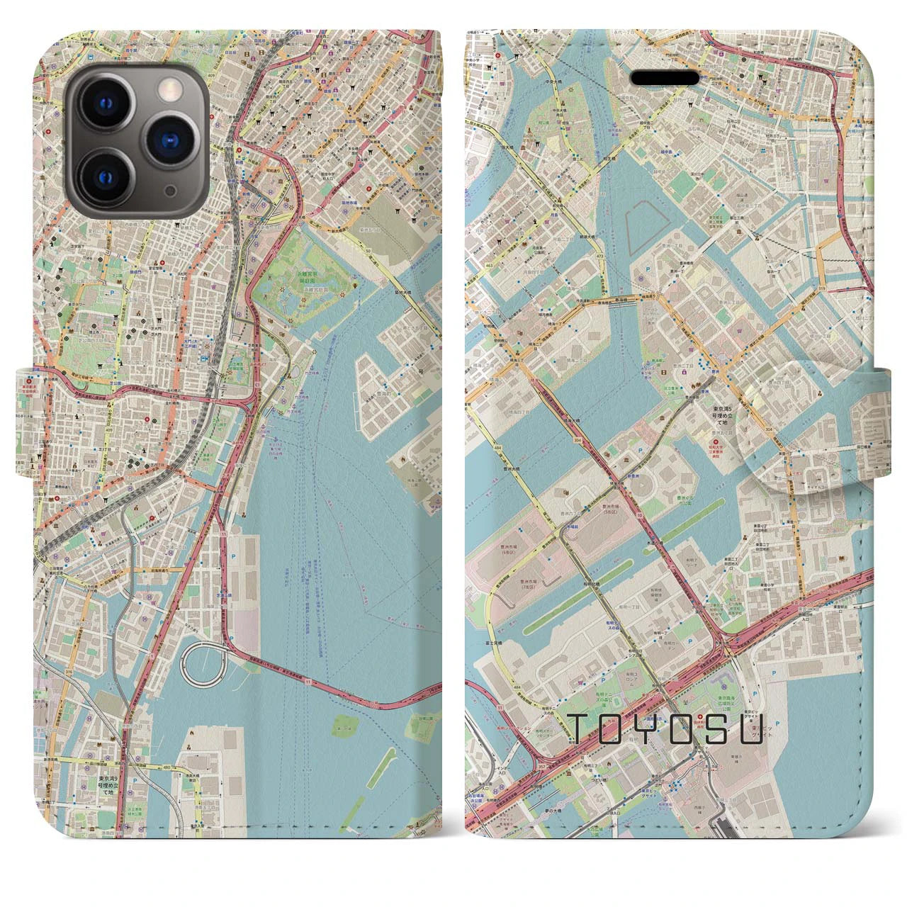 【豊洲】地図柄iPhoneケース（手帳両面タイプ・ナチュラル）iPhone 11 Pro Max 用