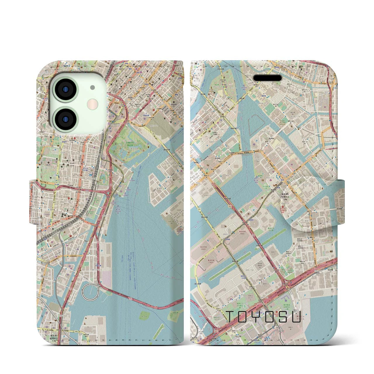 【豊洲】地図柄iPhoneケース（手帳両面タイプ・ナチュラル）iPhone 12 mini 用