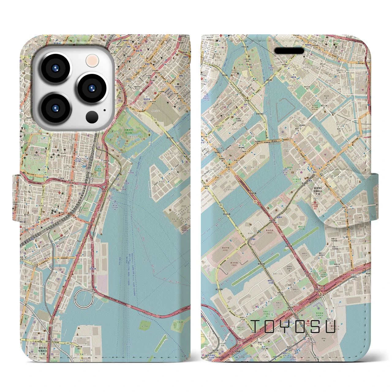 【豊洲】地図柄iPhoneケース（手帳両面タイプ・ナチュラル）iPhone 13 Pro 用