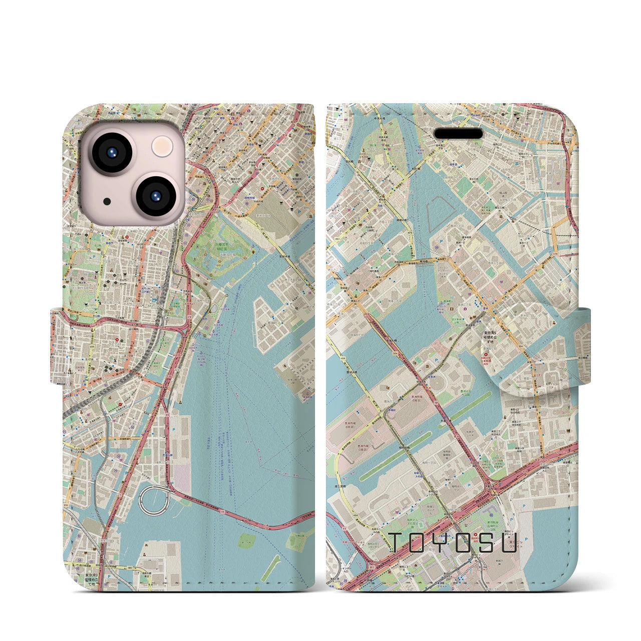 【豊洲】地図柄iPhoneケース（手帳両面タイプ・ナチュラル）iPhone 13 mini 用