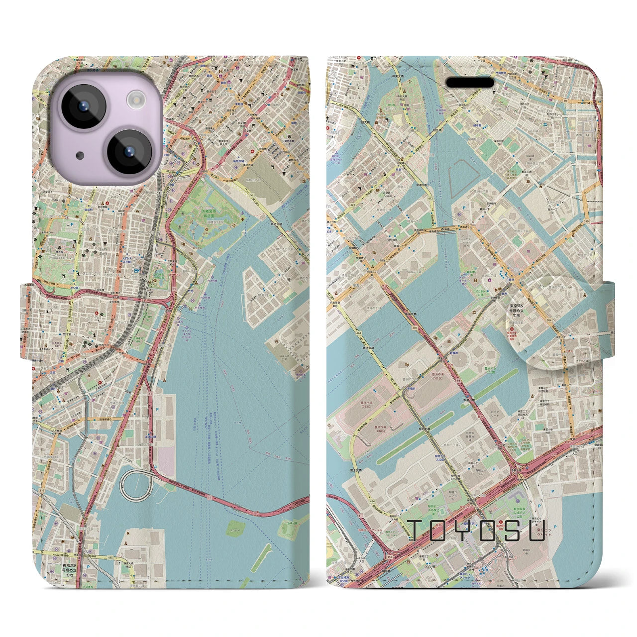 【豊洲】地図柄iPhoneケース（手帳両面タイプ・ナチュラル）iPhone 14 用