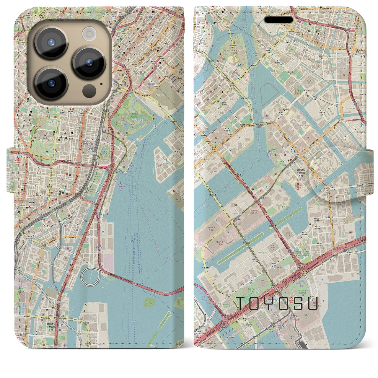 【豊洲】地図柄iPhoneケース（手帳両面タイプ・ナチュラル）iPhone 14 Pro Max 用