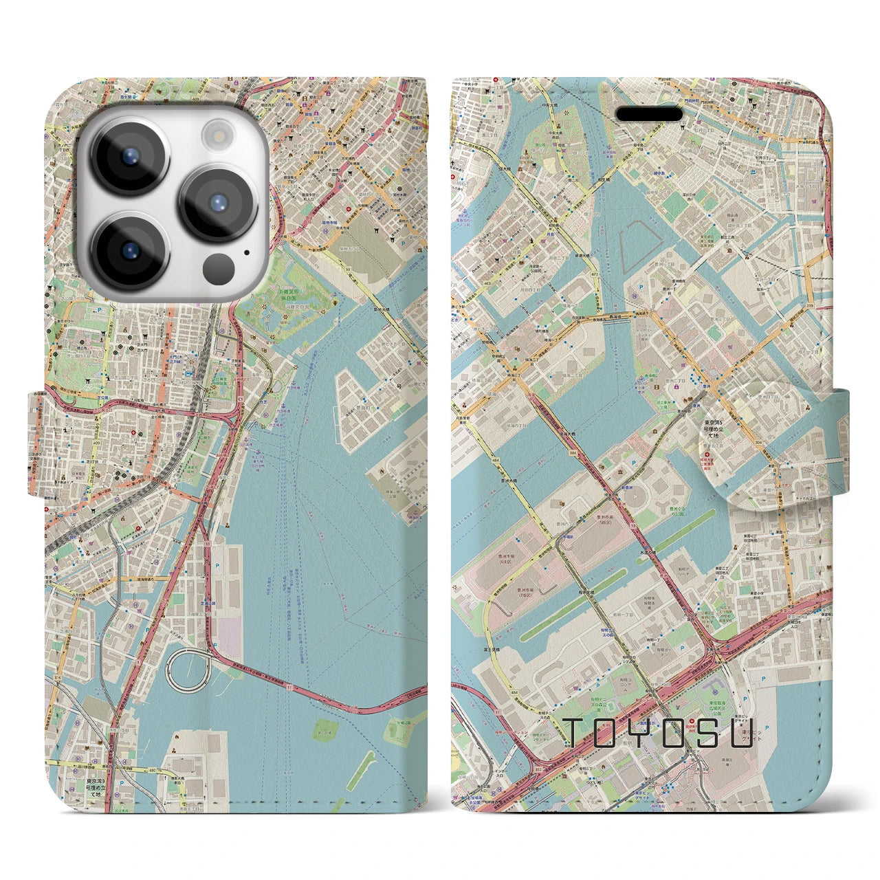 【豊洲】地図柄iPhoneケース（手帳両面タイプ・ナチュラル）iPhone 14 Pro 用