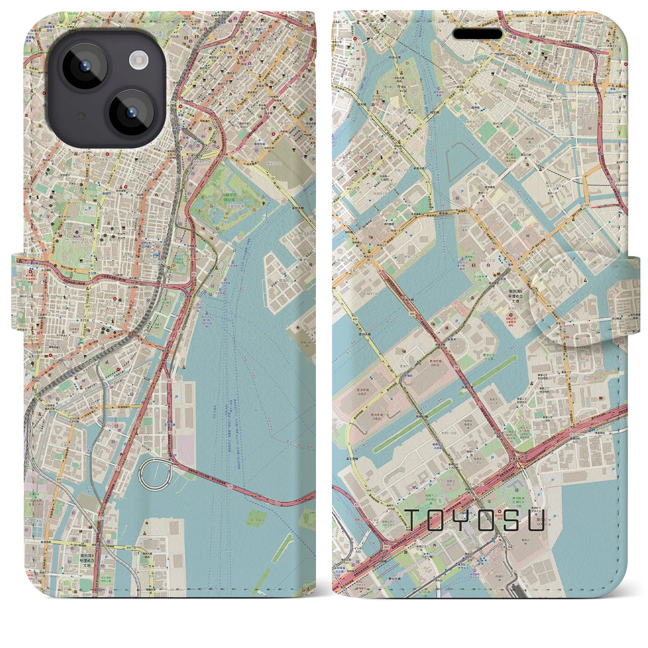 【豊洲】地図柄iPhoneケース（手帳両面タイプ・ナチュラル）iPhone 14 Plus 用