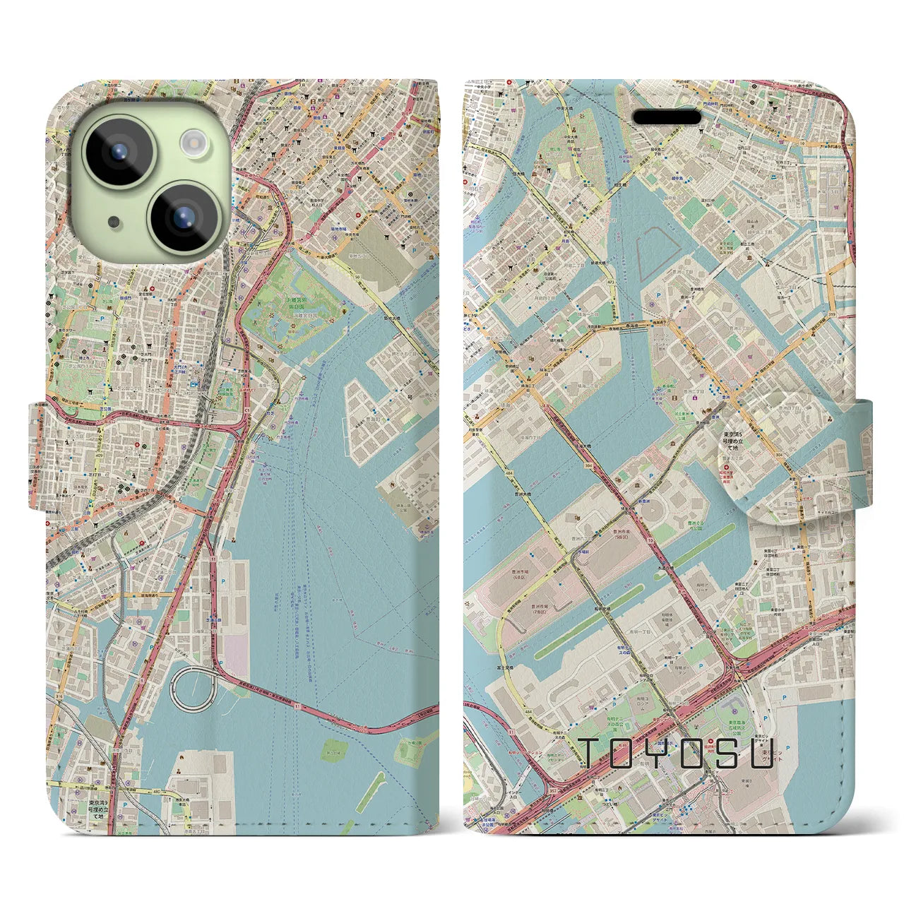 【豊洲】地図柄iPhoneケース（手帳両面タイプ・ナチュラル）iPhone 15 用