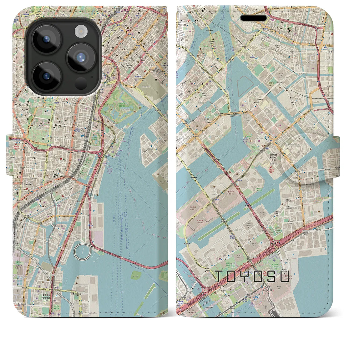 【豊洲】地図柄iPhoneケース（手帳両面タイプ・ナチュラル）iPhone 15 Pro Max 用