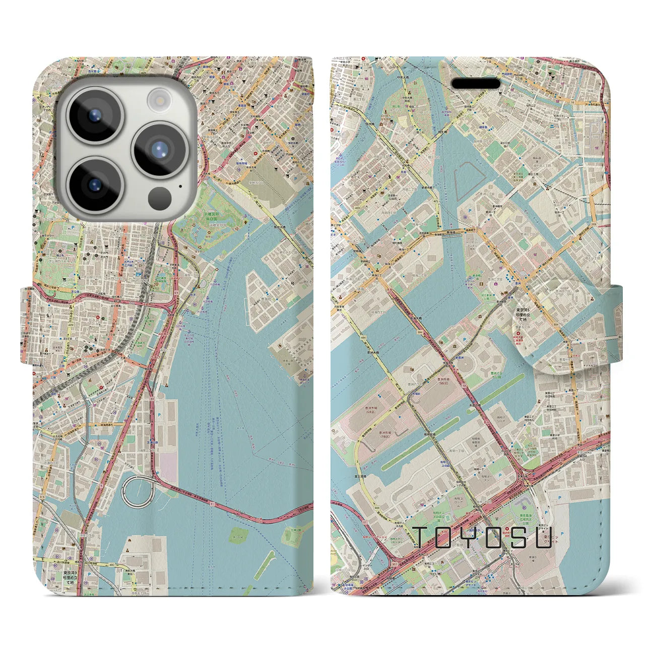 【豊洲】地図柄iPhoneケース（手帳両面タイプ・ナチュラル）iPhone 15 Pro 用