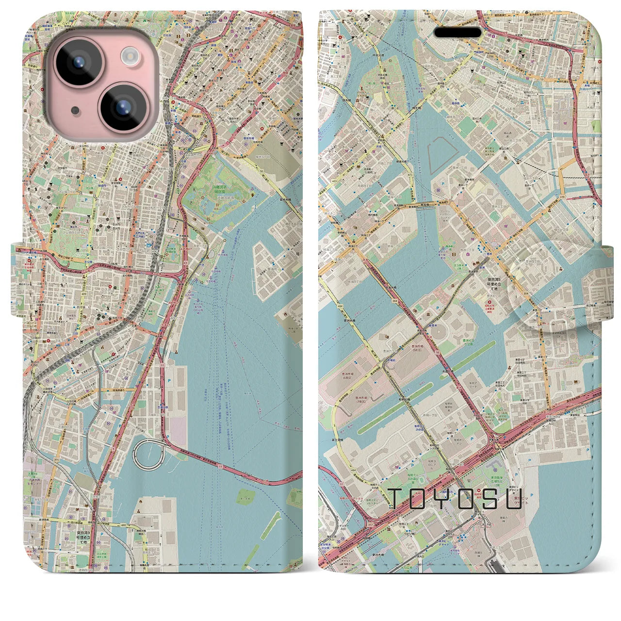 【豊洲】地図柄iPhoneケース（手帳両面タイプ・ナチュラル）iPhone 15 Plus 用